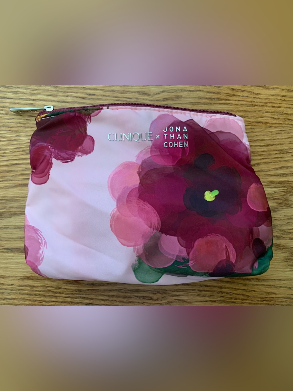 Clinique Pink Floral Cosmetic Pouch with Burgundy Blooms